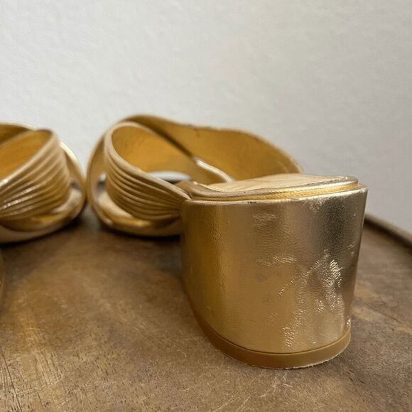 Marion Parke Soft Gold Leather Izzy Criss-Cross Block Heel Sandals Women's 37 US - Picture 5 of 13